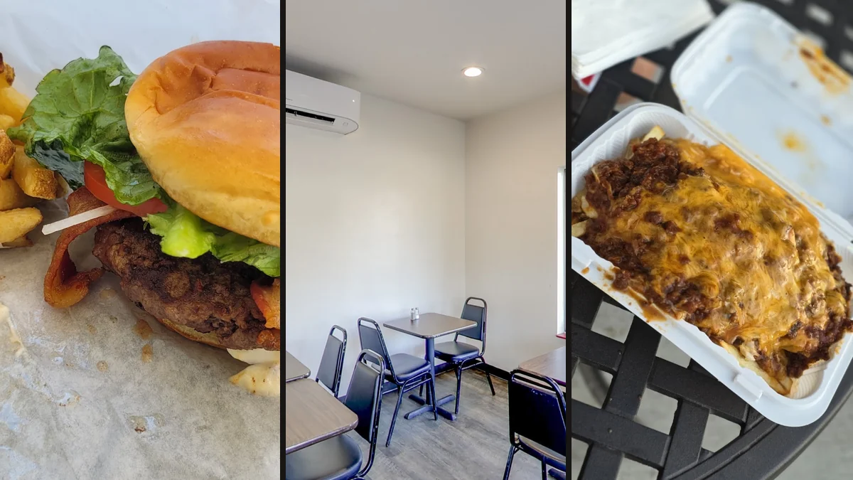 Burgers and fries served in a relaxed setting.